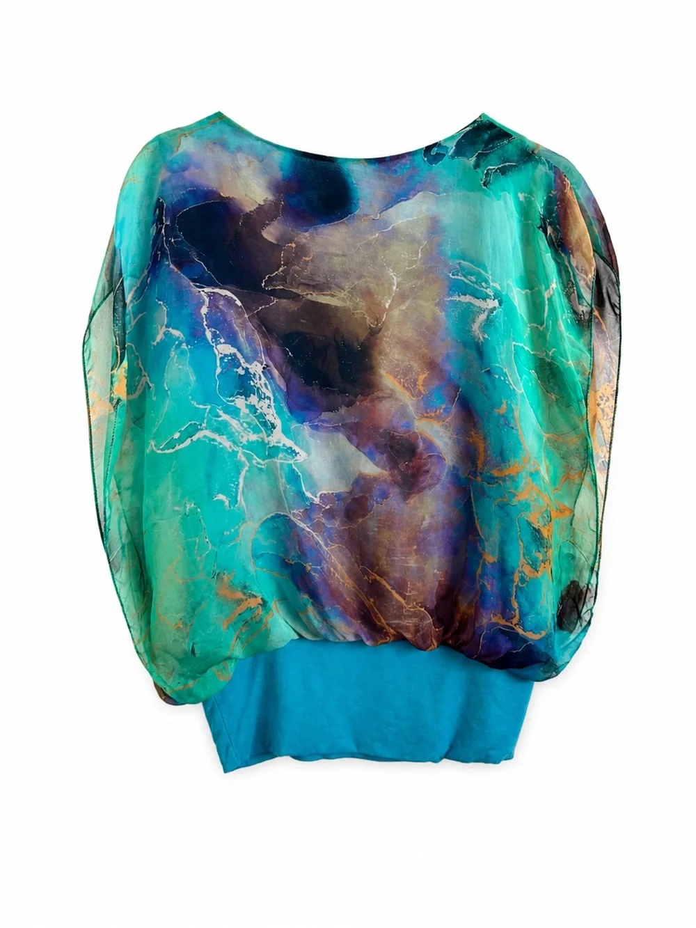 GIGI MODA AMANTE TURQUOISE TEMPESTA SILK ART GALA COASTAL TOP ONE SIZE OS - Picture 3 of 4